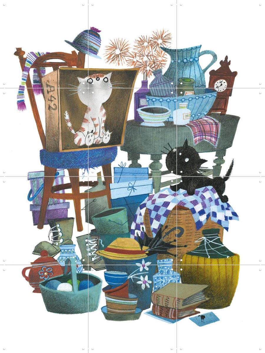 IXXI Pim & Pom zijn op de televisie, Fiep Westendorp - 60 x 80 cm - Gratis ophangtool - Grote wanddecoratie en posters - Fantasierijk, Kleurrijk