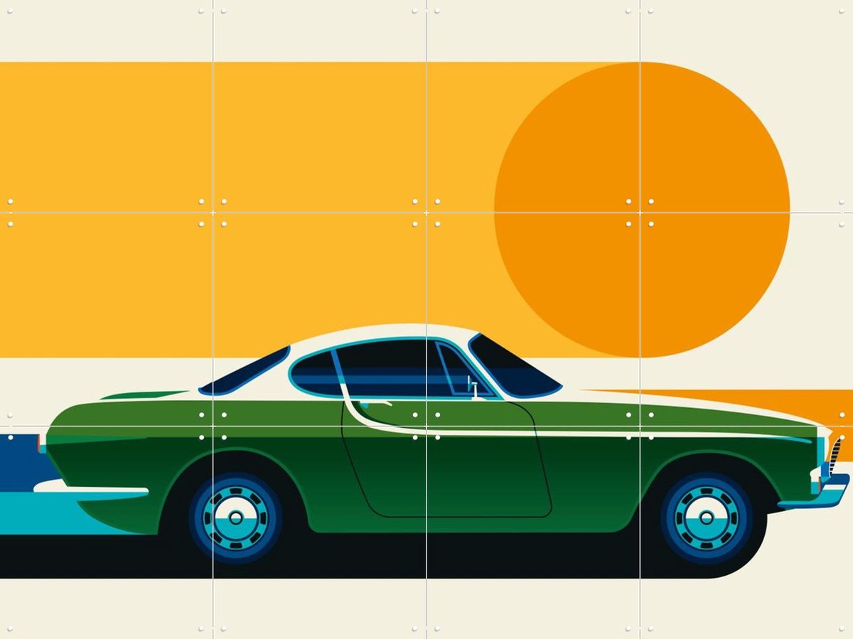 IXXI Green Vintage Sports Car Side, Bo Lundberg - 80 x 60 cm - Gratis ophangtool - Grote wanddecoratie en posters - Kleurrijk, Digitale Kunst
