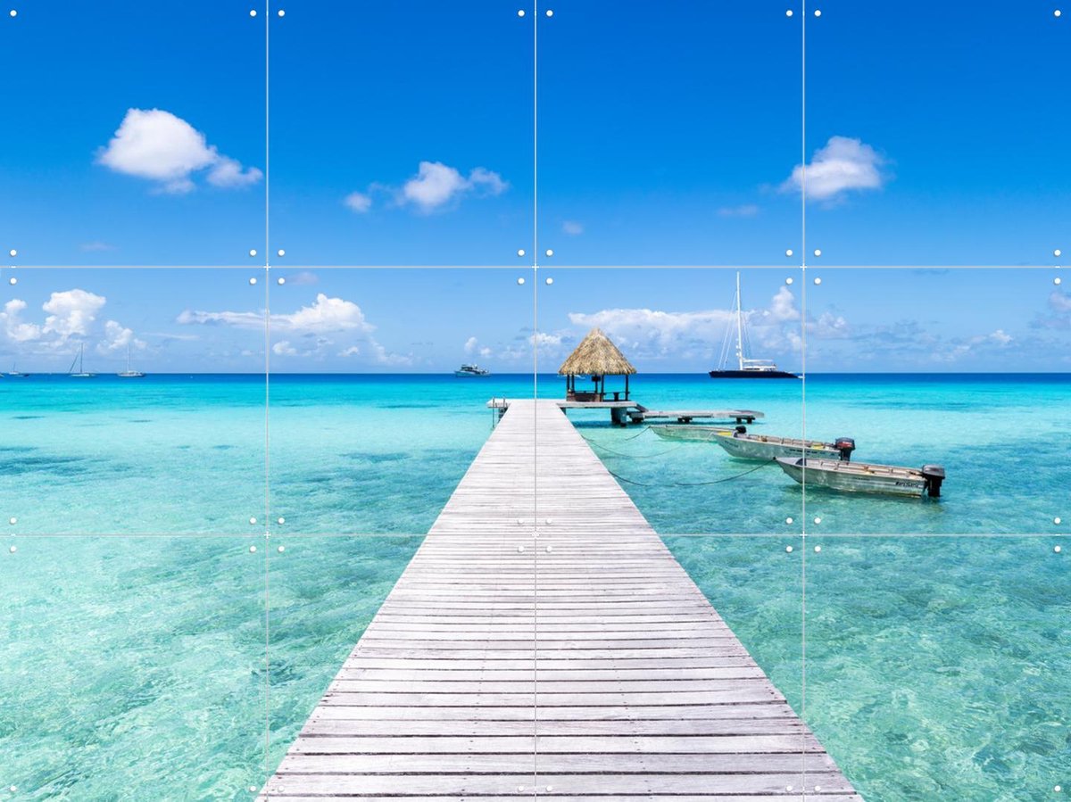 IXXI Wooden Pier at the Beach - French Polynesia, Jan Becke - 80 x 60 cm - Gratis ophangtool - Grote wanddecoratie en posters - Kleurrijk, Fotografie