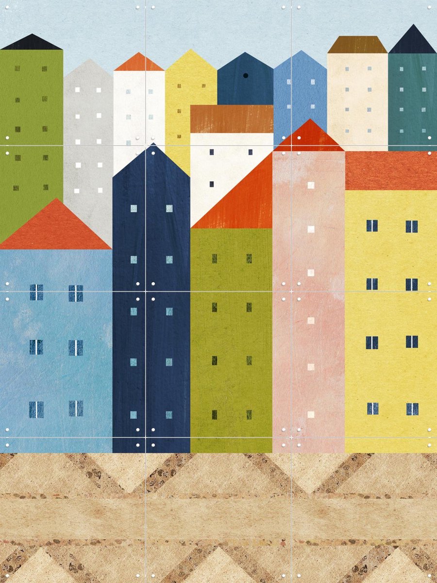 IXXI Colorful Houses - Old Town, Henry Rivers - 60 x 80 cm - Gratis ophangtool - Grote wanddecoratie en posters - Speels, Geometrische Kunst