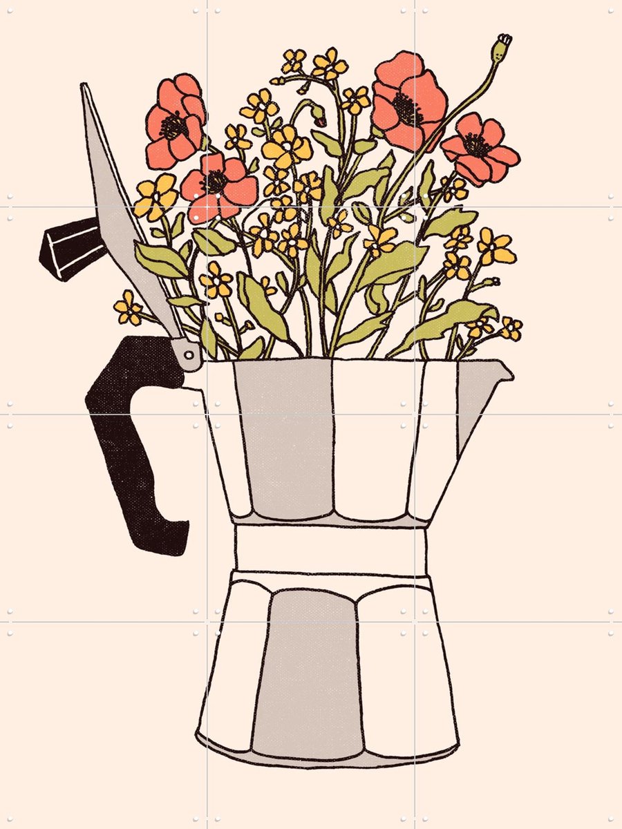 IXXI Moka Flowers Color, Florent Bodart - 60 x 80 cm - Gratis ophangtool - Grote wanddecoratie en posters - Vintage, Line art, Speels, Klassiek