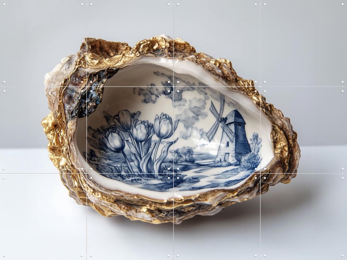 IXXI Delfts Blauwe Oester 2, Margriet Hulsker - 80 x 60 cm - Gratis ophangtool - Grote wanddecoratie en posters - Naturalisme, Klassiek, Keuken