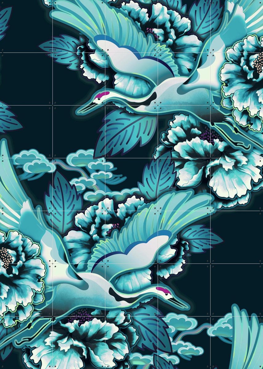 IXXI Crane Bird Pattern Cloudy Petrol, Marylène Madou - 100 x 140 cm - Gratis ophangtool - Grote wanddecoratie en posters - Digitale Kunst