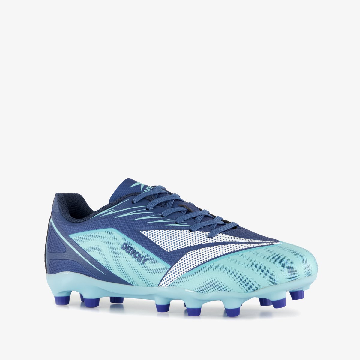 Blauwe Dutchy FG kinder voetbalschoenen maat 35, imitatieleer, rubberen Firm Ground zool voor grip op het veld.
