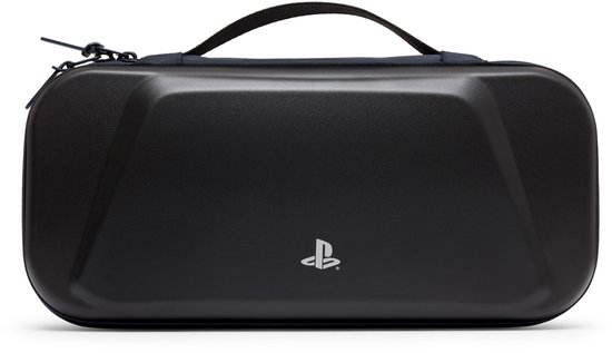 Zwarte, harde beschermhoes met handvat en PlayStation-logo.