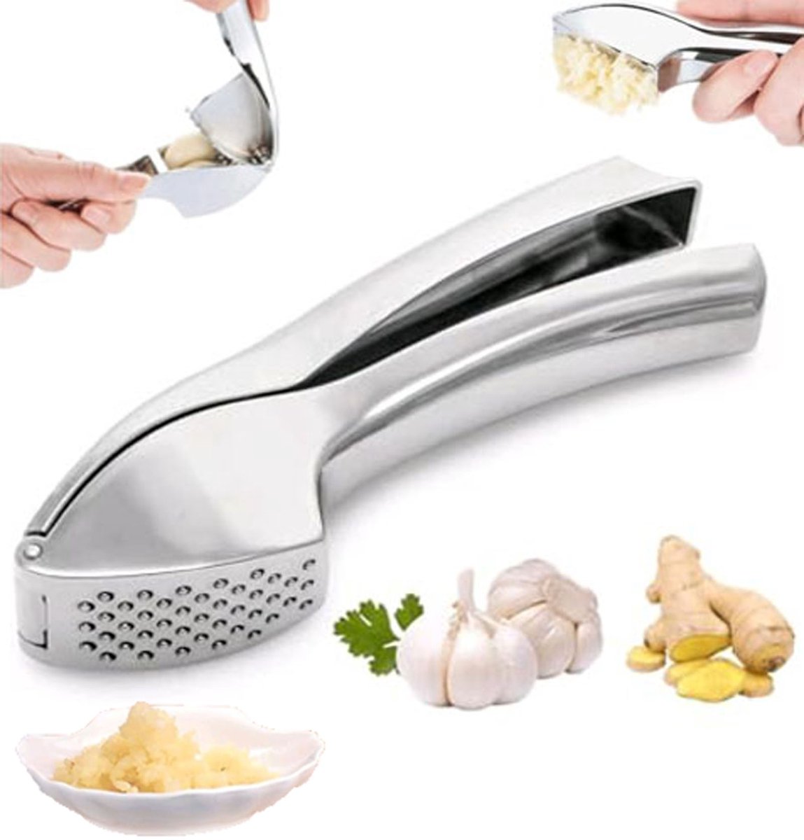 RVS Knoflookpersen - Easy Squeeze - Knoflookmolen - Crusher & Peeler Set - Professionele Knoflookpers - Eenvoudig te reinigen - Roestbestendig