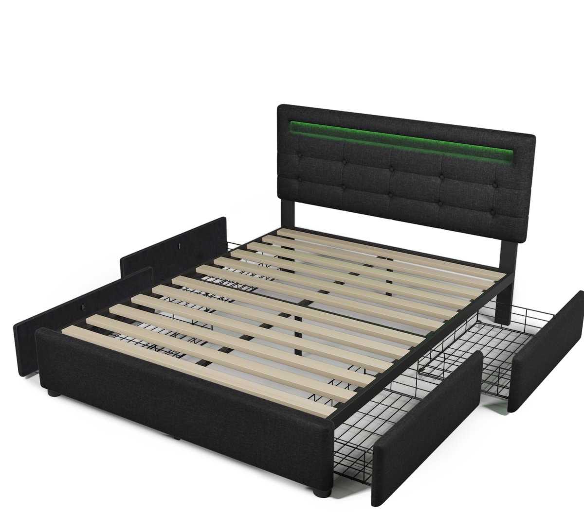 MIVRAY Gestoffeerd Bed 140x200 Cm - Bedframe Met Led Verlichting En 4 Lades - Verstelbaar Hoofdbord - Linnen - Zwart - Met Matras