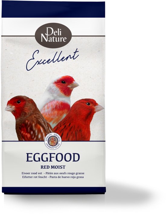 Deli Nature Excellent Eggfood Red Moist: een verpakking met drie kanaries (rood, wit/rood) en de tekst 'Vitality - Growth - Development'.