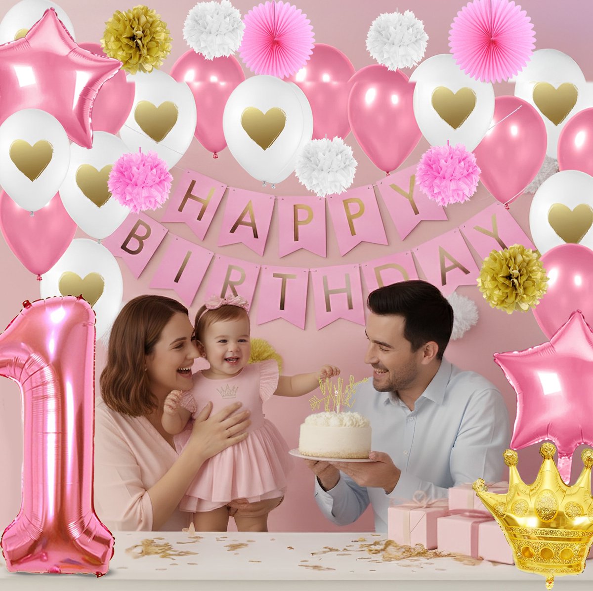 Baby’s 1e Verjaardag Versiering - Feestversiering - Happy Birthday - Feestpakket - Ballonnen - Slinger - 1 Jaar - Verjaardagsfeest - Feestartikelen - Feestdecoratie Roze — afbeelding 7
