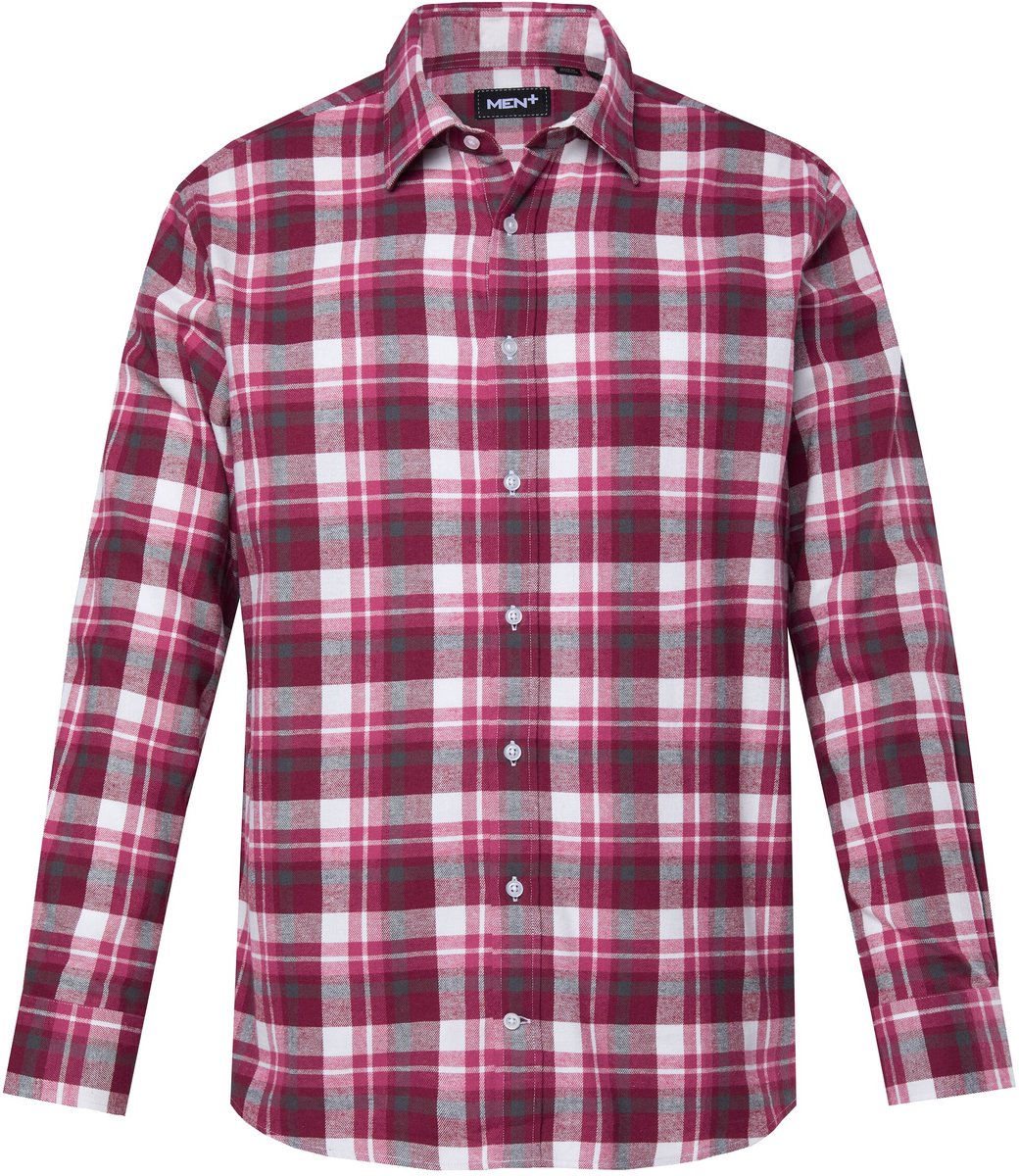 Men Plus - Heren - Flanellen geruit overhemd lange mouw kentkraag comfort fit - Wijnrood - Maat L