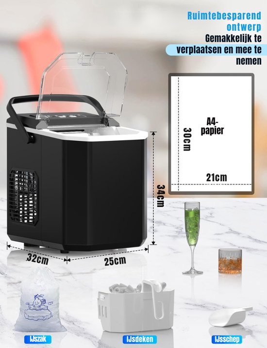 Quvo® Ijsblokjesmachine - ijsmachine -ijsblokjesmakers - 6-Minuten-Snelijs-Machine -Zwart - 31 cm x 22 cm x 32 cm centimeter van Quvo — afbeelding 2