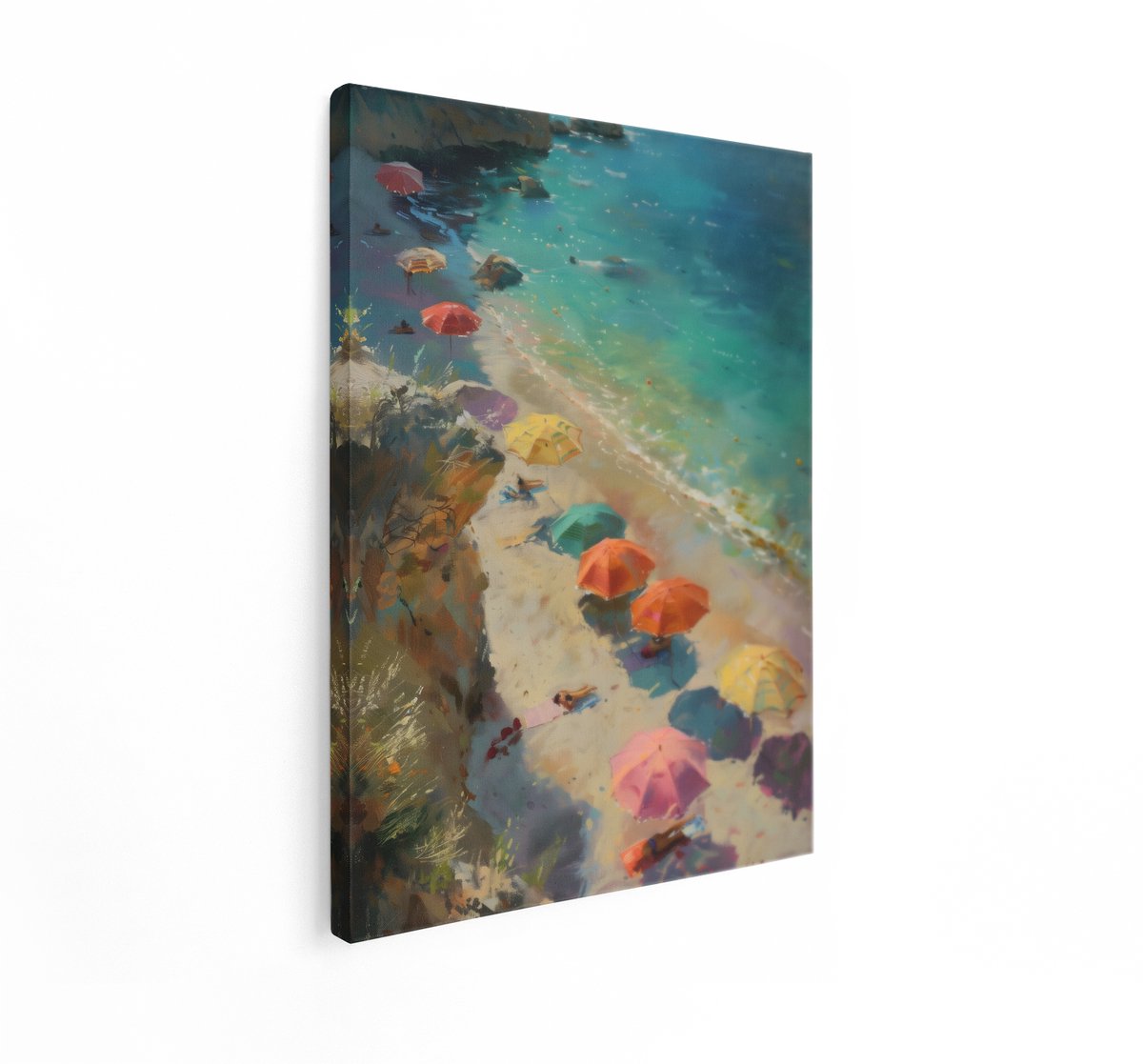 Artaza Canvas Schilderij Strand - 90x120 cm - Wanddecoratie Zee - Muurdecoratie Parasols -