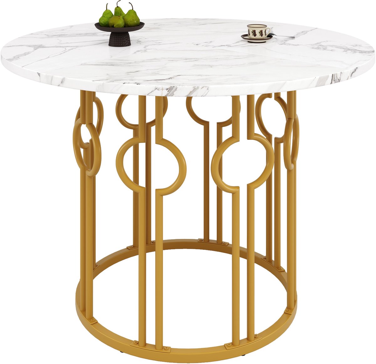 Merax Ronde Eettafel Met Marmerlook Ø100 X 76 Cm – Keukentafel Voor 4 Personen – Wit Tafelblad Met Goudkleurig Metalen Onderstel