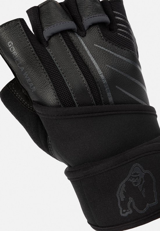 Gedetailleerde close-up van een zwarte fitnesshandschoen met grijze strepen en Gorilla Wear logo.