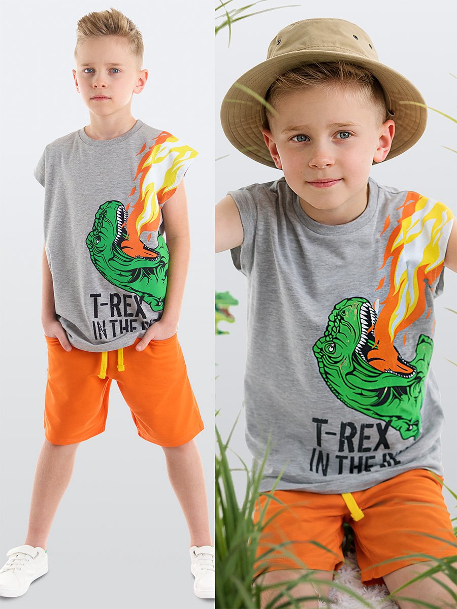 MSHB&G MS-22Y1-030 Grijs & Oranje Jongens T-shirt en Short Set met T-Rex Print 104