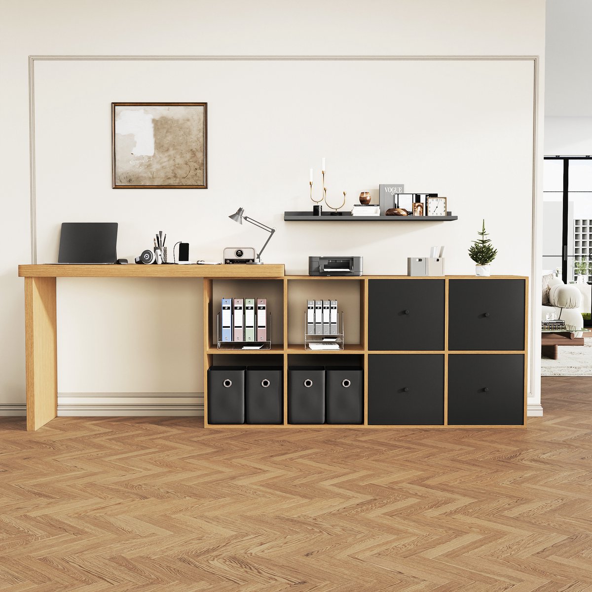 REDOM Draaibaar Hoekbureau - 360° Draaibaar Met 4 Laden En 4 Vakken - Modern - Voor Homeoffice - MDF - Zwart Eikenkleur Zwart+Eiken