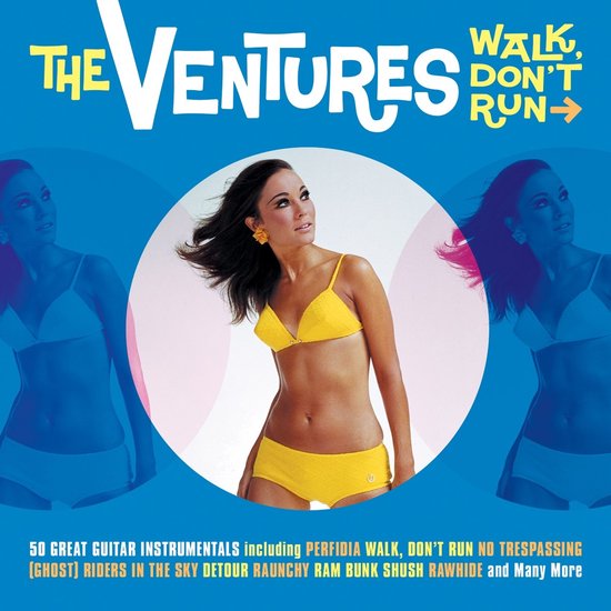 Albumcover The Ventures Walk, Don't Run met zangeres in geel bikini. "50 GREAT GUITAR INSTRUMENTALS".