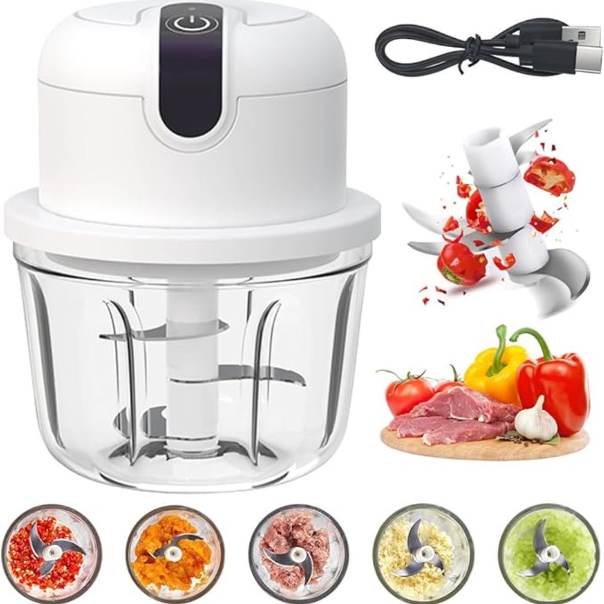 RONN® Hakmolen Elektrisch - Hakmolen Electrisch Met 3 Scherpe Messen - Oplaadbare Food Chopper - Wit - 11cm x 11cm x 14cm