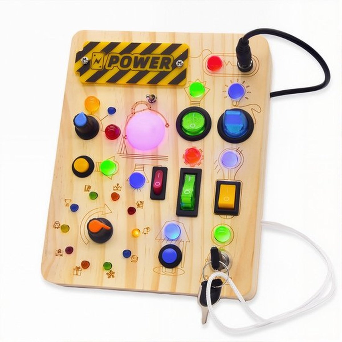 Montessori Busy Board - Houten LED Lichtschakelaar Bord - Educatief Sensorisch Speelgoed voor Peuters 1-3 Jaar - Fijne Motoriek - Stimuleert Oog-Hand Coördinatie - Reisspeelgoed