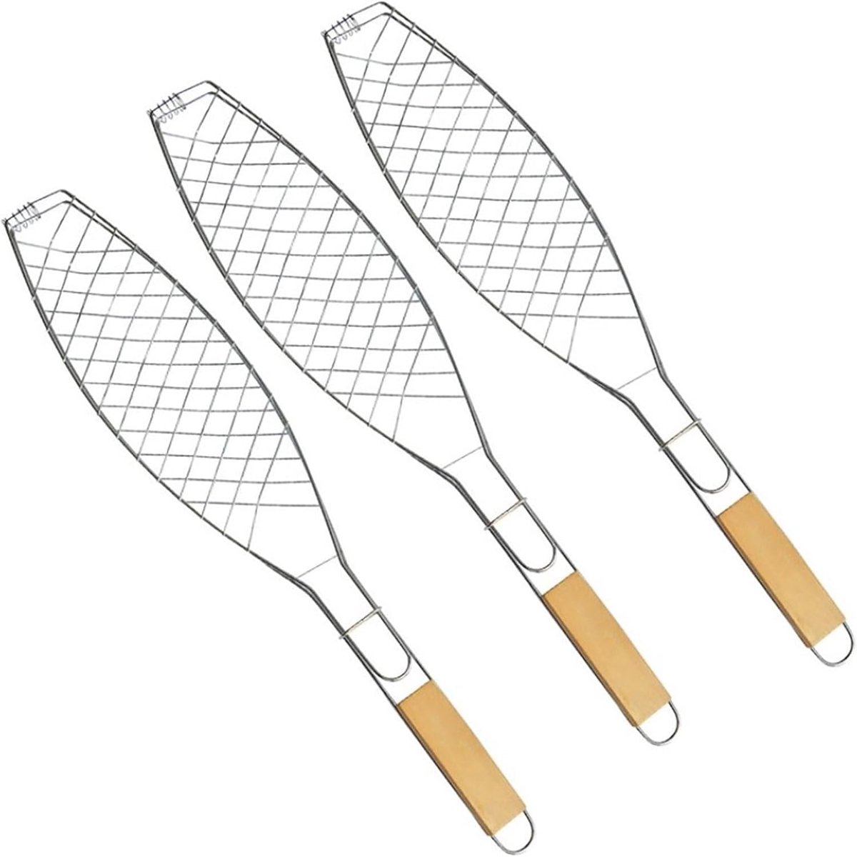 Vis Roosters Set - Grill Mandjes - Vis Grillen - Houten Handvat - 36x15 cm