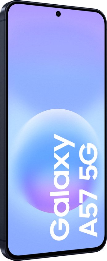 Donkerblauwe Samsung Galaxy A57 5G smartphone met paars/blauwe achtergrond en de tekst 'Galaxy A57 5G'.