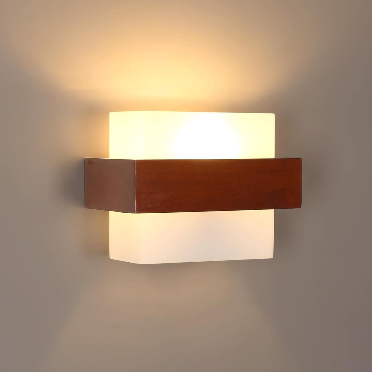 Haobosic Wandlamp - Scandinavisch Hout Design - 22cm - 12W LED - E27 Fitting - Zonder Lichtbron - Walnoot - Glas Lampenkap - Modern - Voor Woonkamer Slaapkamer