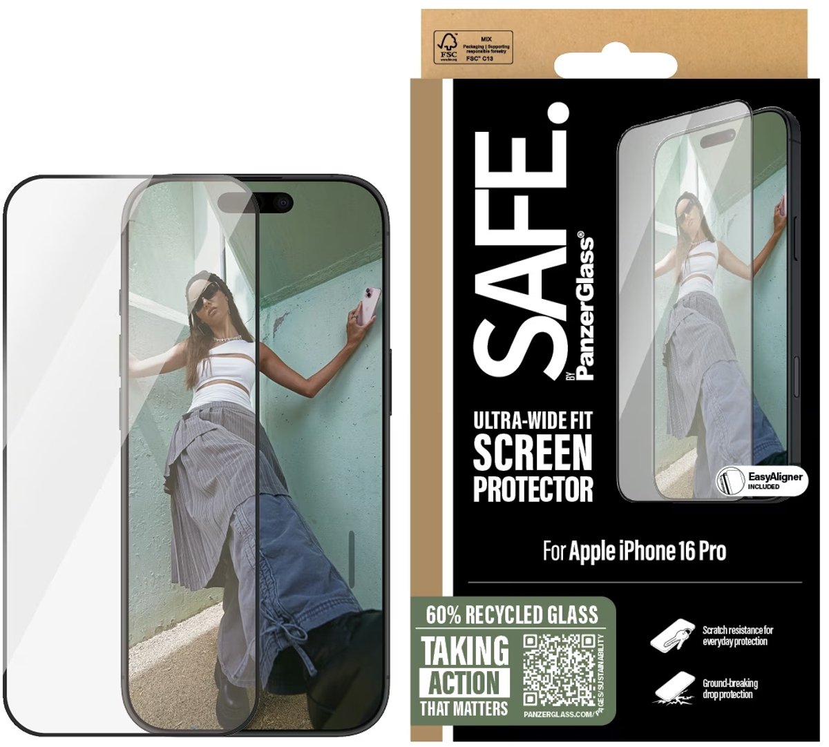SAFE by PanzerGlassScreen Protection with Black Frame geschikt voor Apple iPhone 16 Pro Ultra-Wide Fit