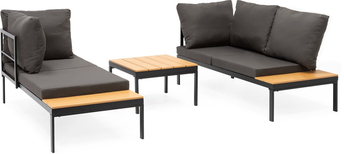 Springos Tuinmeubelset - Loungeset - Tuinmeubilair - Bank - Stoelen - Tafel - Kussens - Zwart - Bruin - Staal - Hout - 150 Kg thumbnail 2