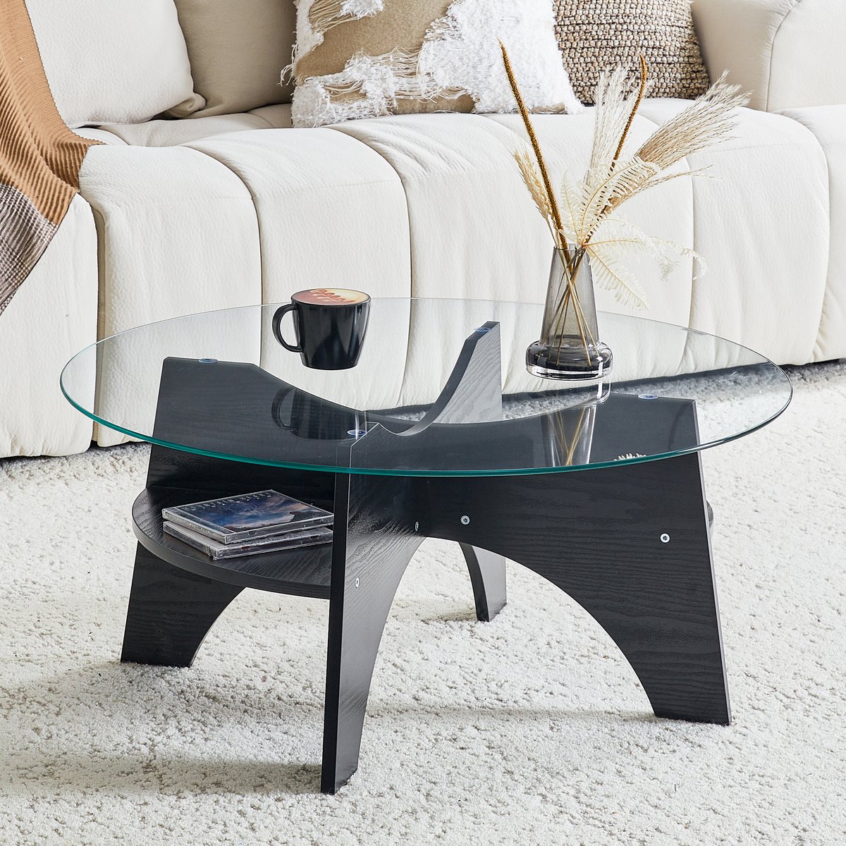 REDOM Ronde Bijzettafel - Veiligheidsglas En Waaivormig Onderstel - Modern - Voor Woonkamer - MDF Met Zwarte Houtlook - Ø 80 X 36 Cm Zwart + Transparant