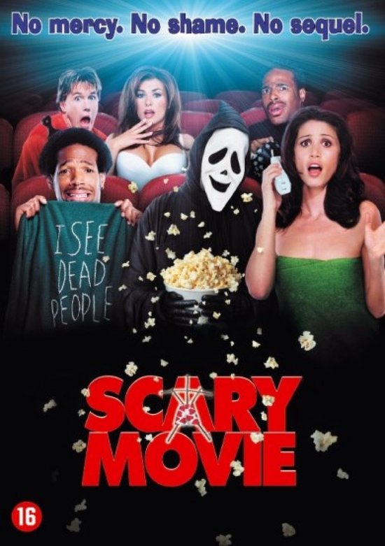 Poster met de tekst 'No mercy. No shame. No sequel.' en castleden in bioscoopstoelen, met in het midden Ghostface met popcorn.