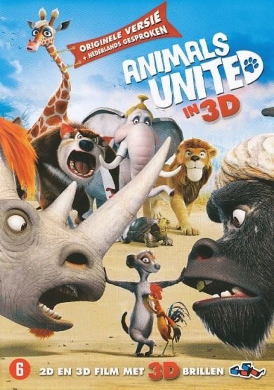 De DVD-hoes van Animals United, met een groep dieren met een leeuw, olifant, neushoorn en giraffe.