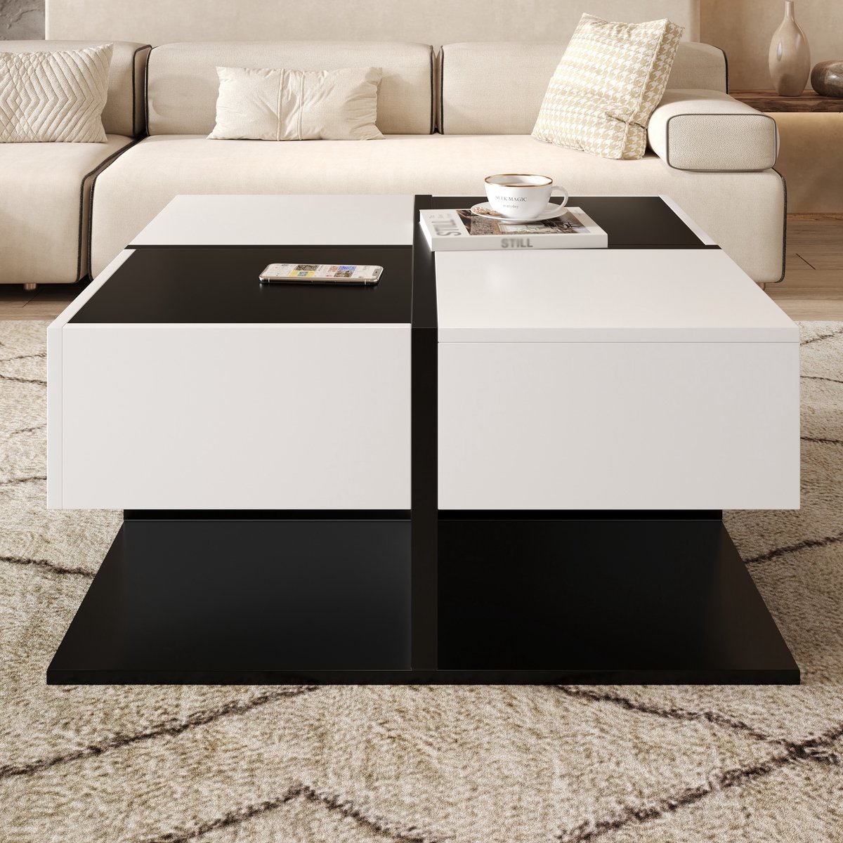 Moderne zwart-witte salontafel 70x70x35,5 cm - met 2 lades - vierkante woonkamer salontafel met opslag - koffietafel