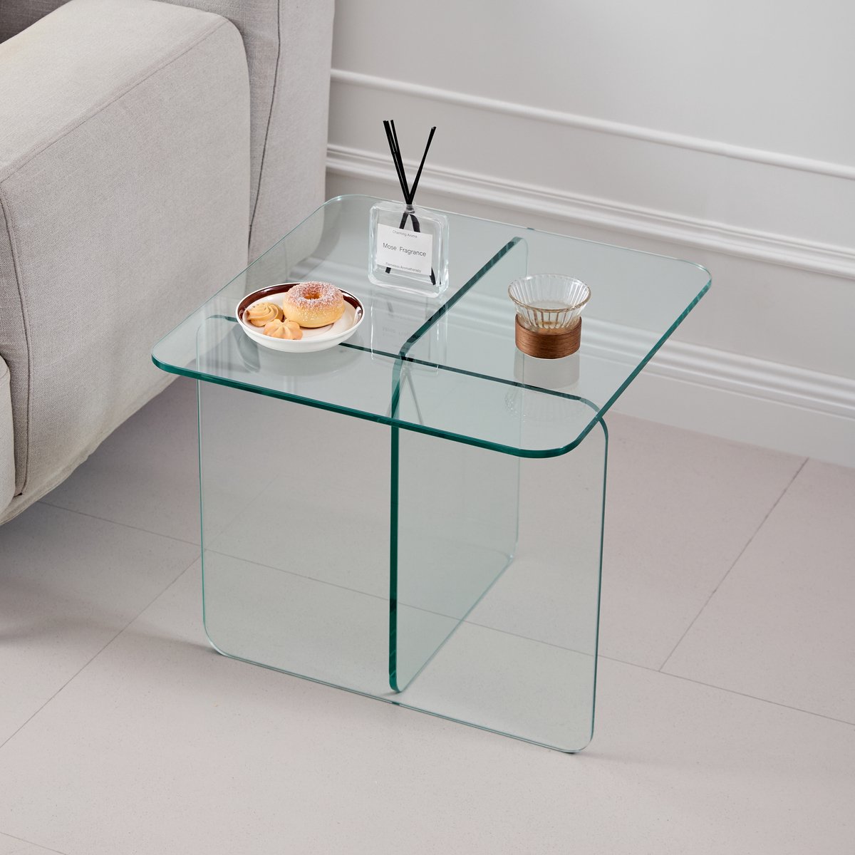 Wishdor Bijzettafel - Gebogen Gehard Glas - Transparant - Voor Woonkamer Of Buiten - Glas - Transparant - 45 X 45 X 51 Cm Duidelijk