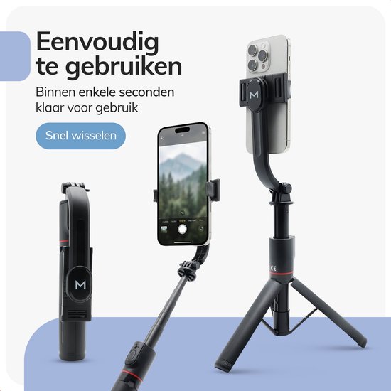 Zwarte selfie stick met statief en een iPhone in de houder. De stick is 21-106 cm uitschuifbaar.