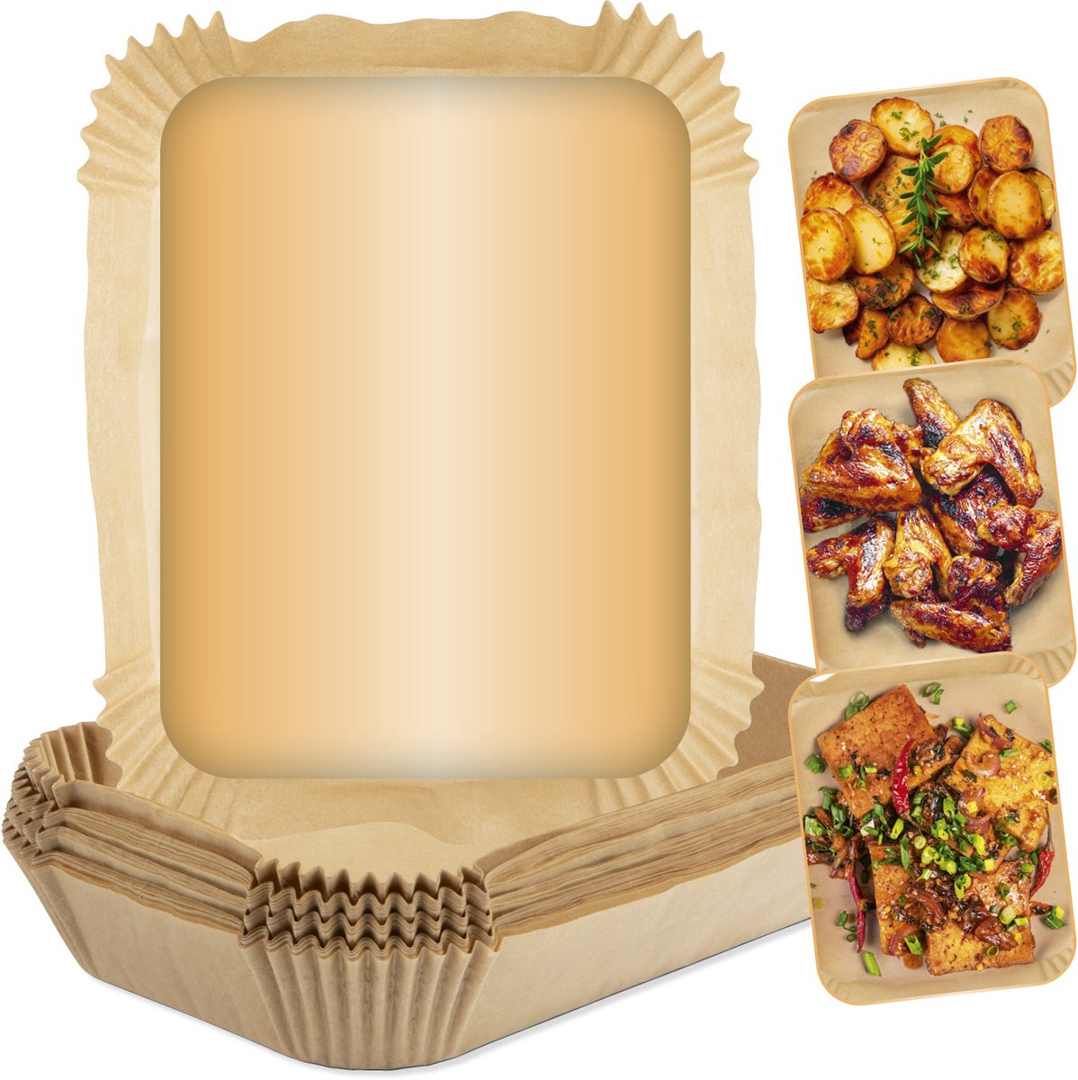 GOURMETmaxx bakpapier voor heteluchtfriteuses, 3 tot 5 liter | Bakpapierbakje – met antiaanbaklaag & oliebestendig | Bakpapier voor dubbele mand van de heteluchtfriteuse – 100 stuks | 22 x 14 x 4,5 cm