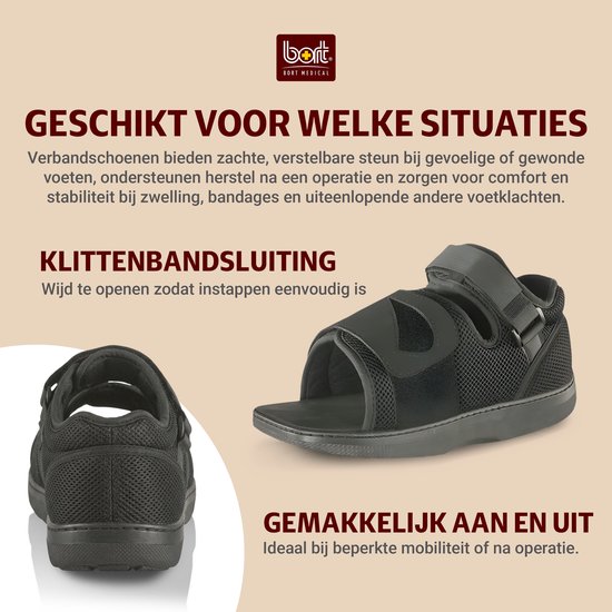 Zwarte BORT verbandsschoenen, open model, met klittenbandsluiting. Zijaanzicht en achterkant.