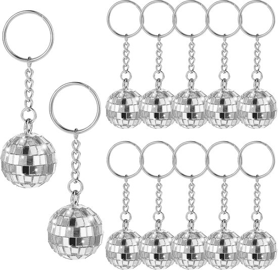 longziming - Set de porte-clés boule disco - 12 pièces porte-clés boule miroir pour Halloween, Noël, mariage, fête et maison - Accessoires de clé rétro DIY années 70, argent