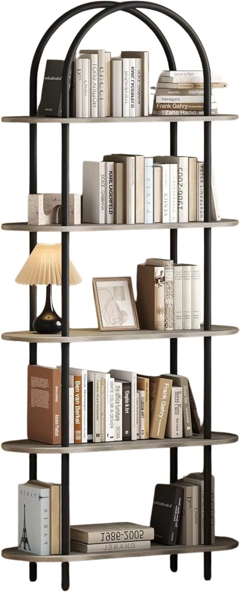 Happiq 5-Laags Boekenkast - Voor Slaapkamer, Woonkamer & Thuiskantoor - Gebogen Displayrekken - Metalen Frame - opbergrek - Zwart Grijs Black Grey