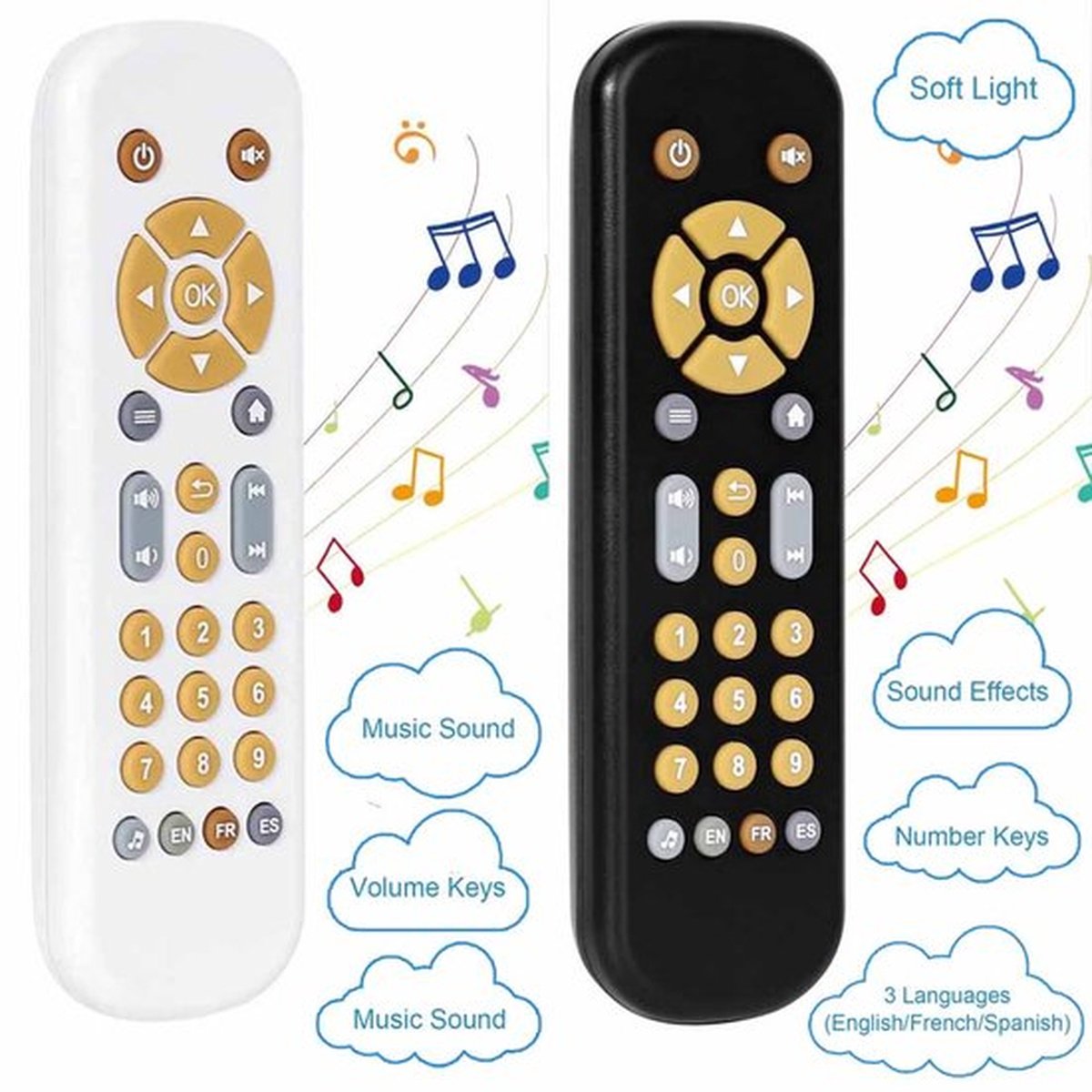 2x Baby Afstandsbedienings Speelgoed - Verstelbaar volume - Met Knoppen Met Meerdere Niveaus - Vroeg Educatief Speelgoed Voor Baby's - Vroeg Educatief Muziekspeelgoed - Sensorisch Speelgoed Voor Baby's - Zwart Wit