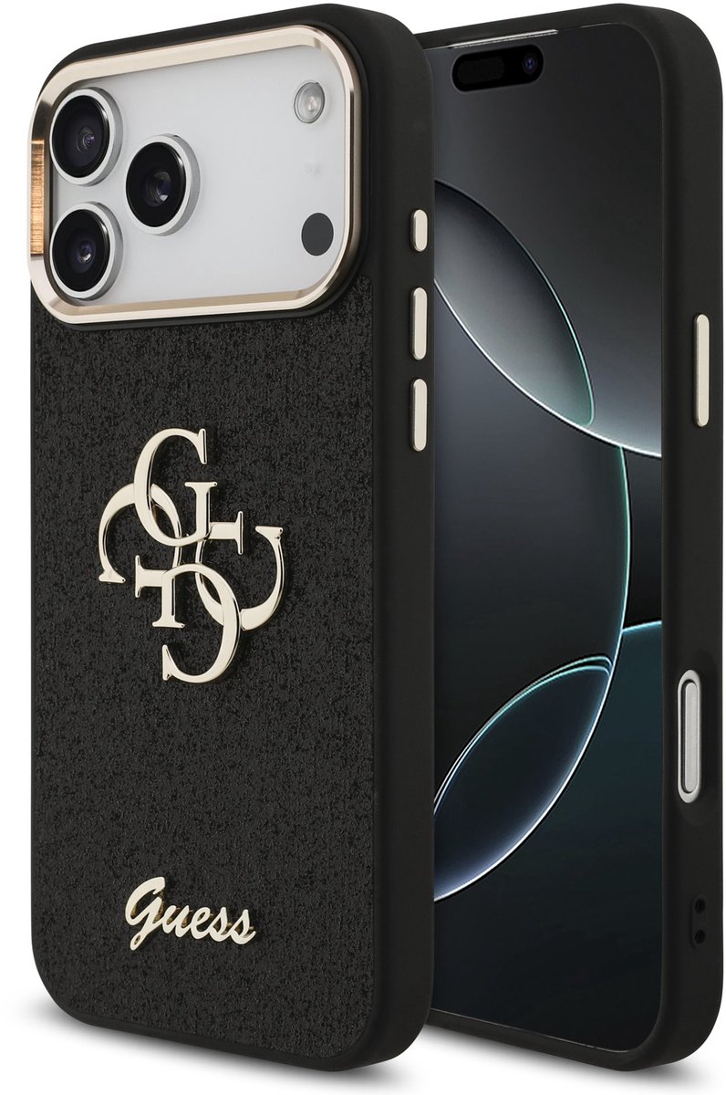 Guess PU Fixed Glitter 4G Metal Frame Backcover - Geschikt voor iPhone 17 Pro Max - Zwart