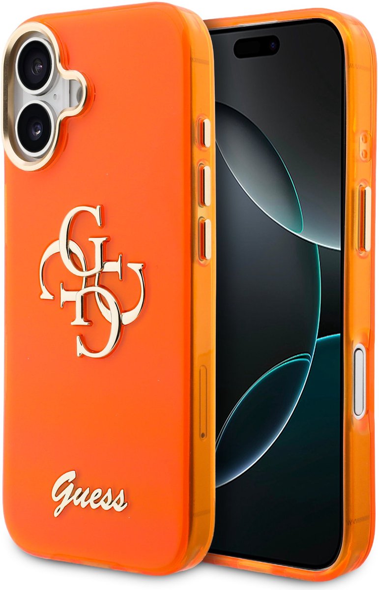 Guess telefoonhoesje voor Apple iPhone 17 - 4G Script met metalen logo - Oranje - Zilveren rand