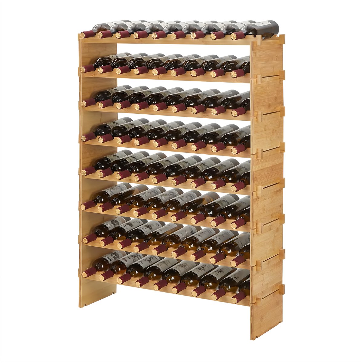 Happiq Modulair Wijnrek - Voor keuken, woonkamer of wijnkelder - Stapelbare 8/10-laags vloervloer wijnopslag - Bamboe - 8-Tier Natural