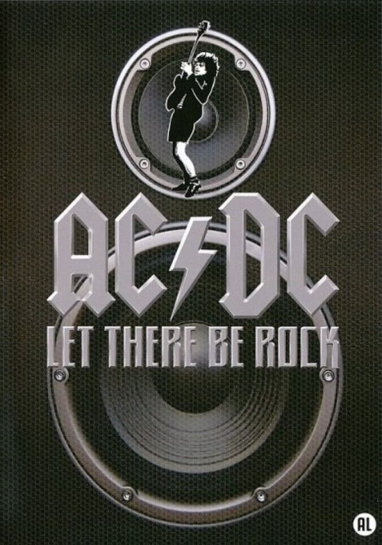 AC/DC Let There Be Rock albumcover met twee luidsprekers en silhouet van een gitarist.