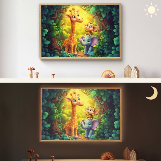 Nachtlampje 90x60 cm - Kinder lamp - Dieren - Jungle - Giraf - Olifant - Aapje - Tafellamp kinderkamer draadloos - Slaapkamer lampje - Bedlamp kinderen - Kinderlampje - Wandlamp babykamer - Nachtlampjes van OnlyWow — afbeelding 4