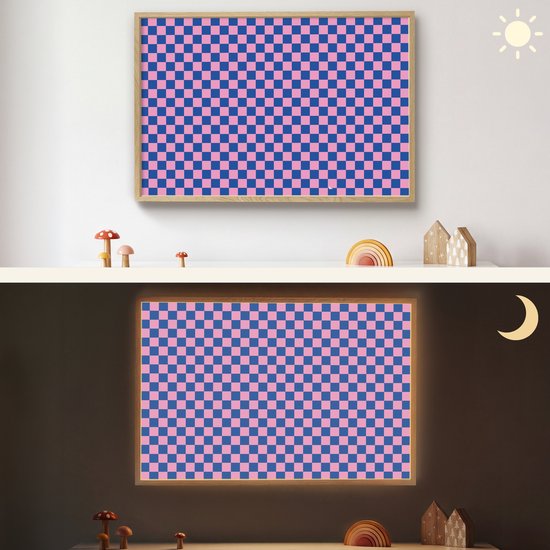 Nachtlampje 90x60 cm - Kinder lamp - Dambord - Blauw - Patroon - Roze - Tafellamp kinderkamer draadloos - Slaapkamer lampje - Bedlamp kinderen - Kinderlampje - Wandlamp babykamer - Nachtlampjes van OnlyWow — afbeelding 4
