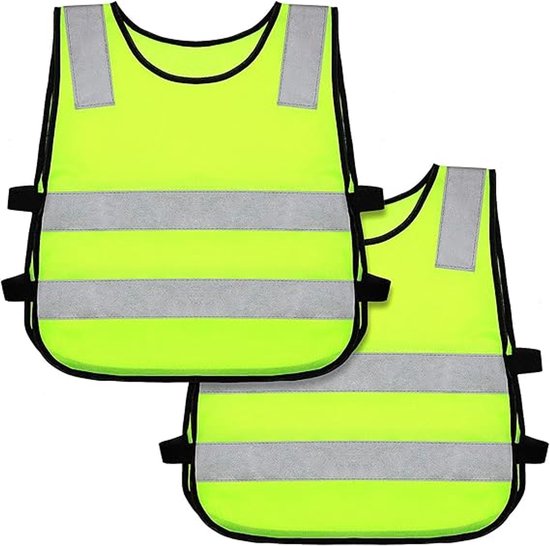 Twee gele kinder veiligheidshesjes met reflecterende horizontale banden en schouderbanden.