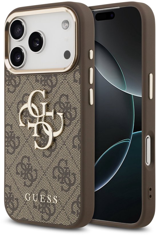Coque marron pour iPhone 14 Pro Max avec motif GG, grand logo doré et contour de caméra doré.