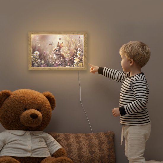 Nachtlampje 30x20 cm - Kinder lamp - Konijntje - Bruin - Bloemen - Vlinders - Tafellamp kinderkamer - Slaapkamer lamp - Bedlamp kinderen - Kinderlampje stopcontact - Wandlamp babykamer - Nachtlampjes van Merkloos — afbeelding 5