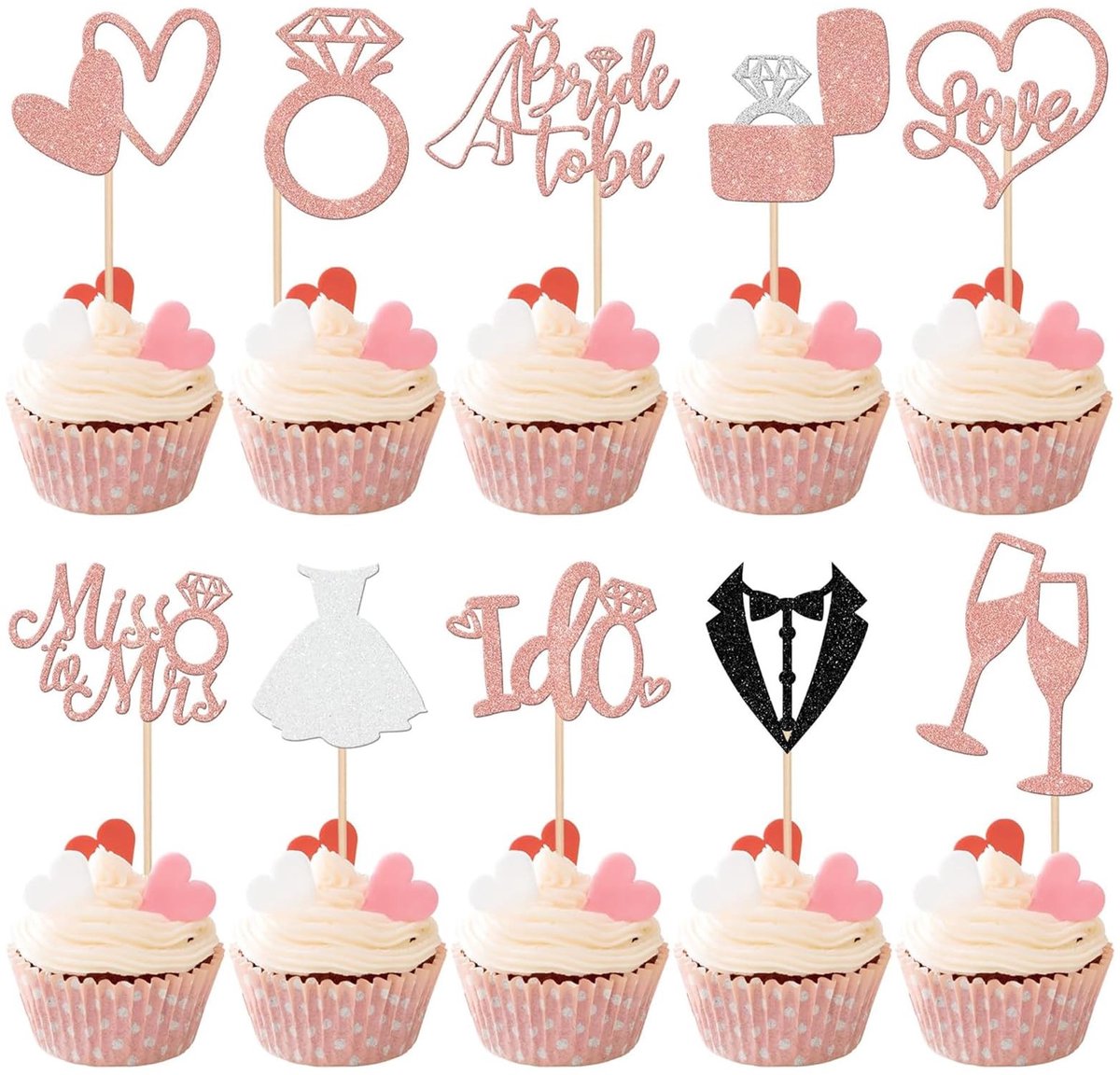 Allecto - Cupcake Topper Set - Glitter cake decoratie - 20 stuks - Roze Goud - Bruid I Do design - Perfect voor bruiloften - Geschikt voor feestjes...