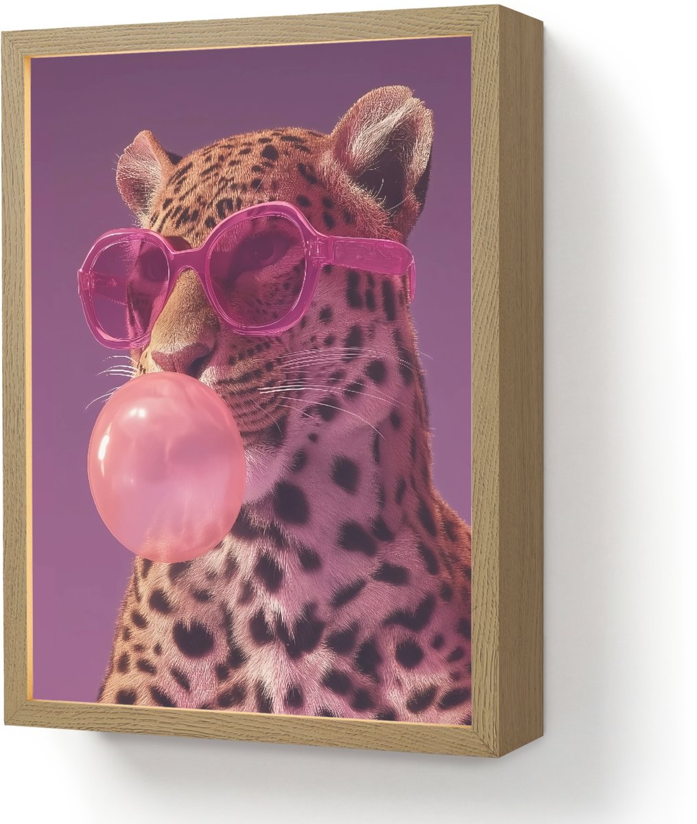 Wandlamp 30x40 cm - Oplaadbaar - Panter - Zonnebril - Kauwgombel - Roze - Wandlampen binne